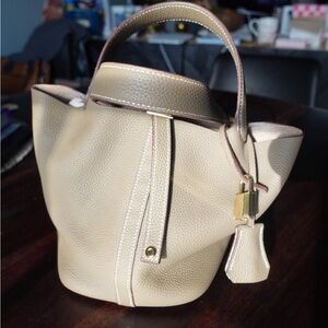 Taupe picotin Pebbled Leather Bucket Bag - Women